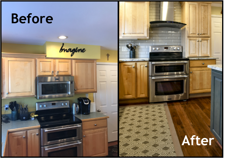 Louisville Kentucky Kitchen Renovation, Hand Scraped Hickory Floors, Before and After, Kitchen Island, Granite Counter Tops, Hood, Stainless Steel Appliances, Kitchen Island with Waterfall, Kitchen Island Lighting