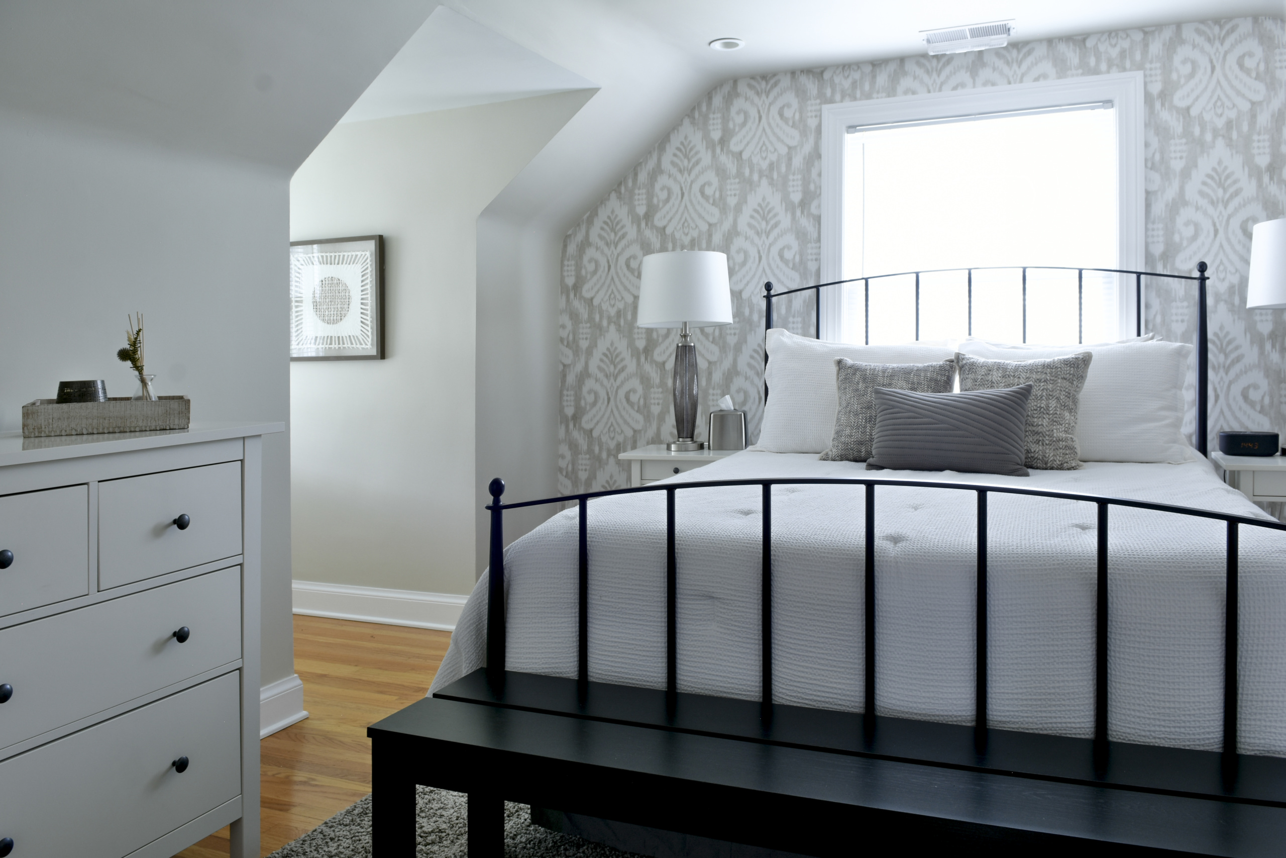 interior design, wallpaper, guest bedroom, queen bed, louisville