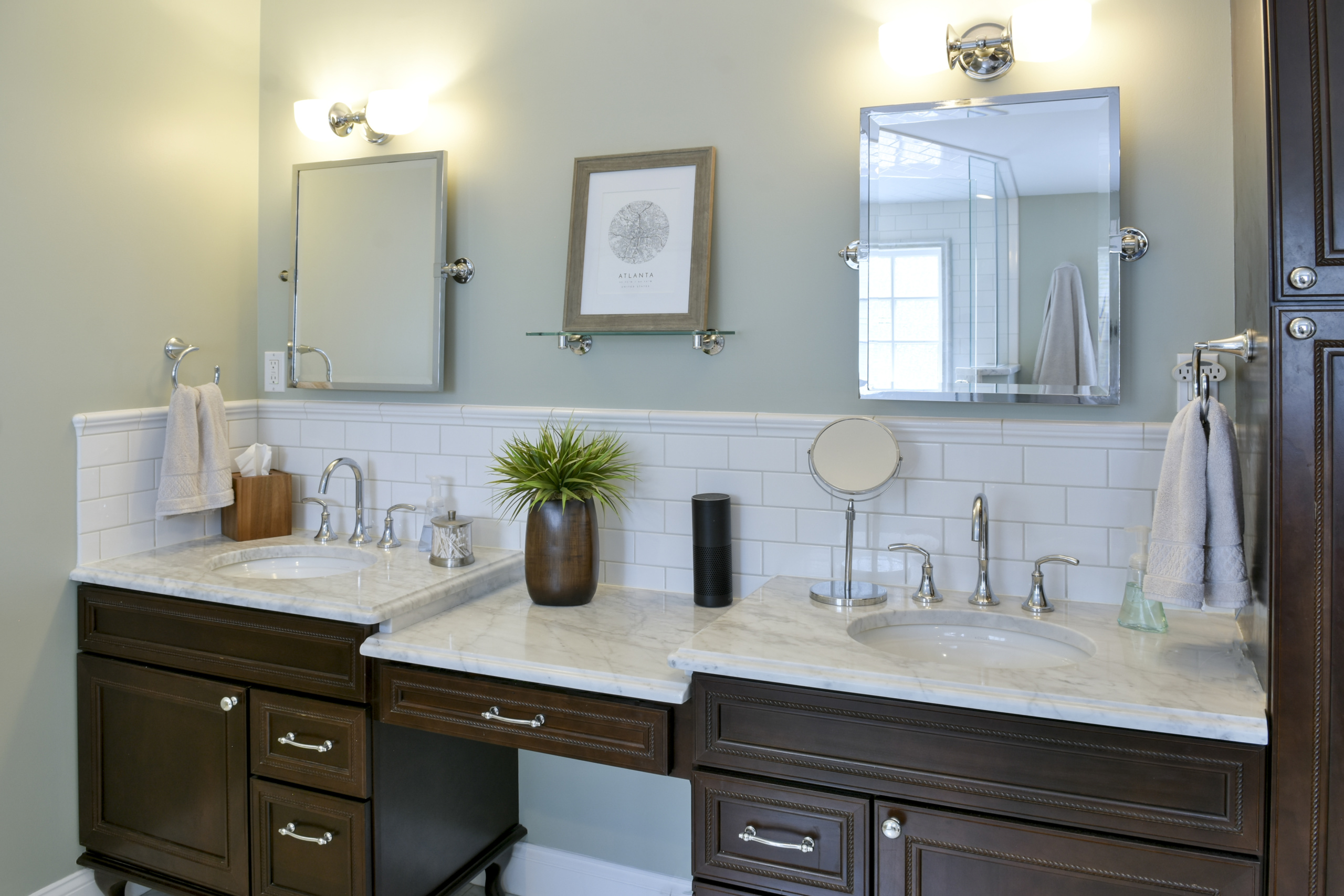 Ben Moore Comfort Grey wall paint, double sink vanity, chrome faucets, white subway tile, round sinks, espresso vanity,