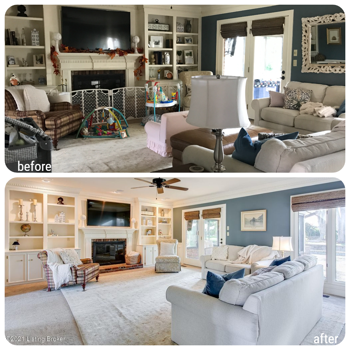 home staging, declutter, book shelf rearrange, sectional, blue room, greay sofa, bamboo roman shades, Louisville interior designer, Louisville stagers, Louisville real estate, built in shelving, flat screen tv over fireplace