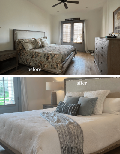 bedroom, white bedding, blue accent pillows, upholstered headboard, french doors, home staging, before and after