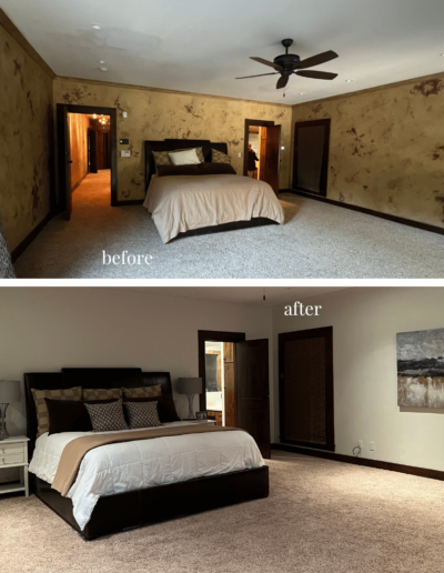 bedroom, neutral bedding, side tables and lamps, abstract art, neutral wall color, beige carpet, dark trim