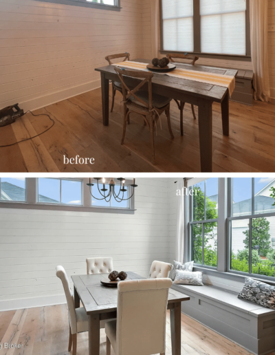 dining room, before and after, home staging, white shiplap walls, black chandelier, dining table, 4 upholstered chairs, window seat, grey trim, light wood floors