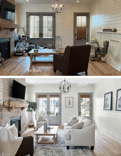 living room before and after, home staging, light wood floors, white shiplap walls, brick fireplace, wooden mantle, french doors, black light fixture, cream sofa, horse wall art, large area rug, accent chairs, coffee table